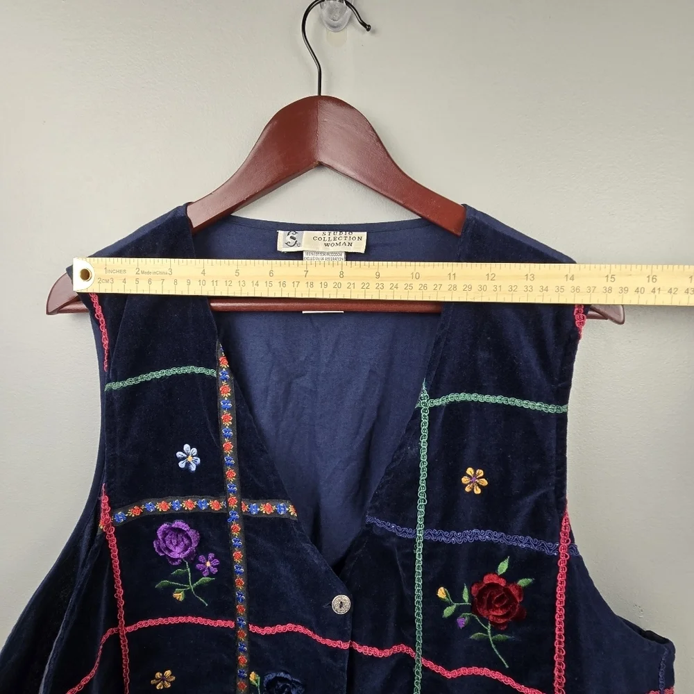 STUDIO COLLECTION‎ Vintage Velvet Embroidered Vest Floral Navy Womens Sz 20W